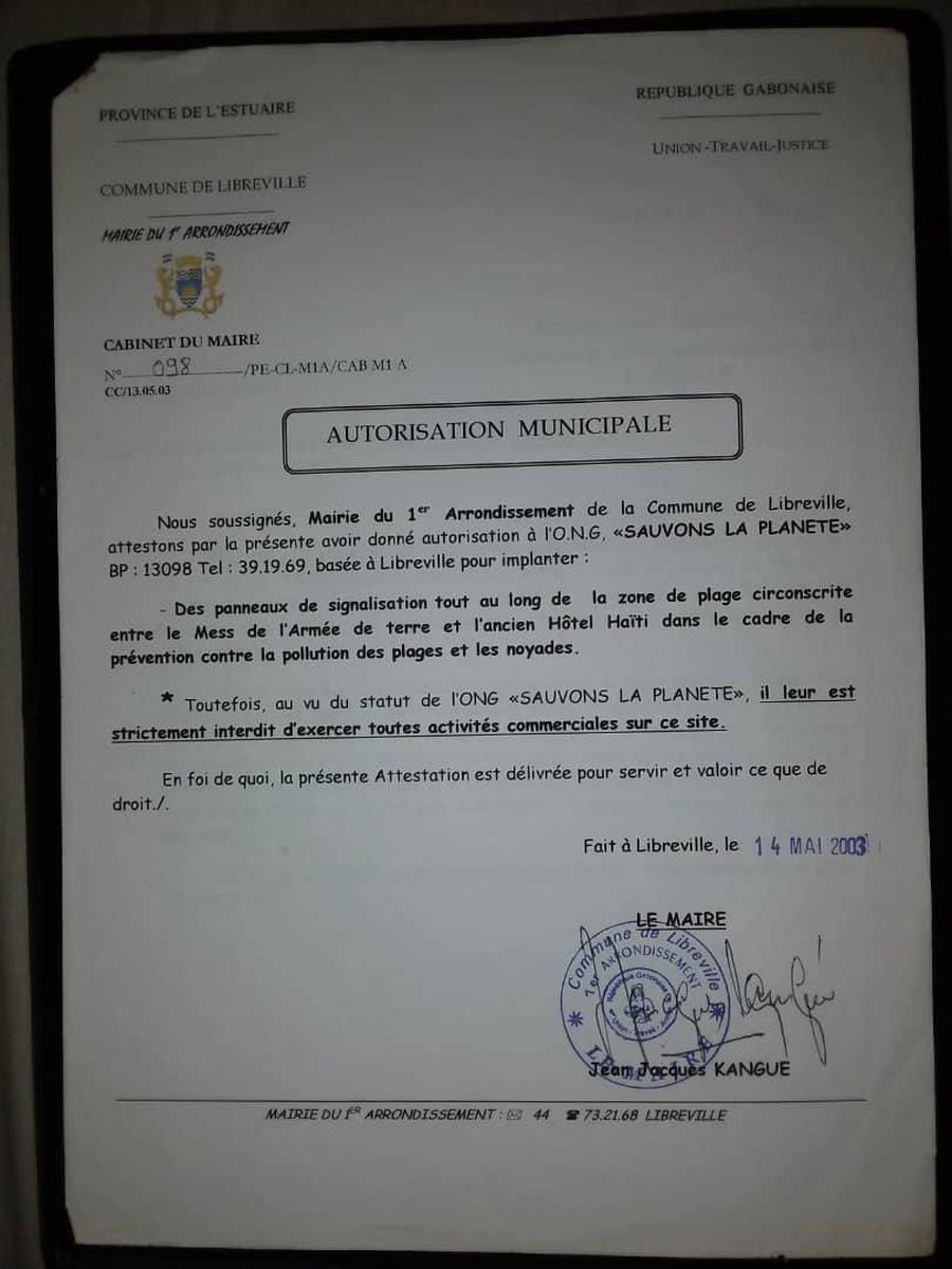 Autorisation municipale n°098 de la Mairie du 1er Arrondissement de Libreville, 14 mai 2003, accordée à l'ONG Sauvons la Planète