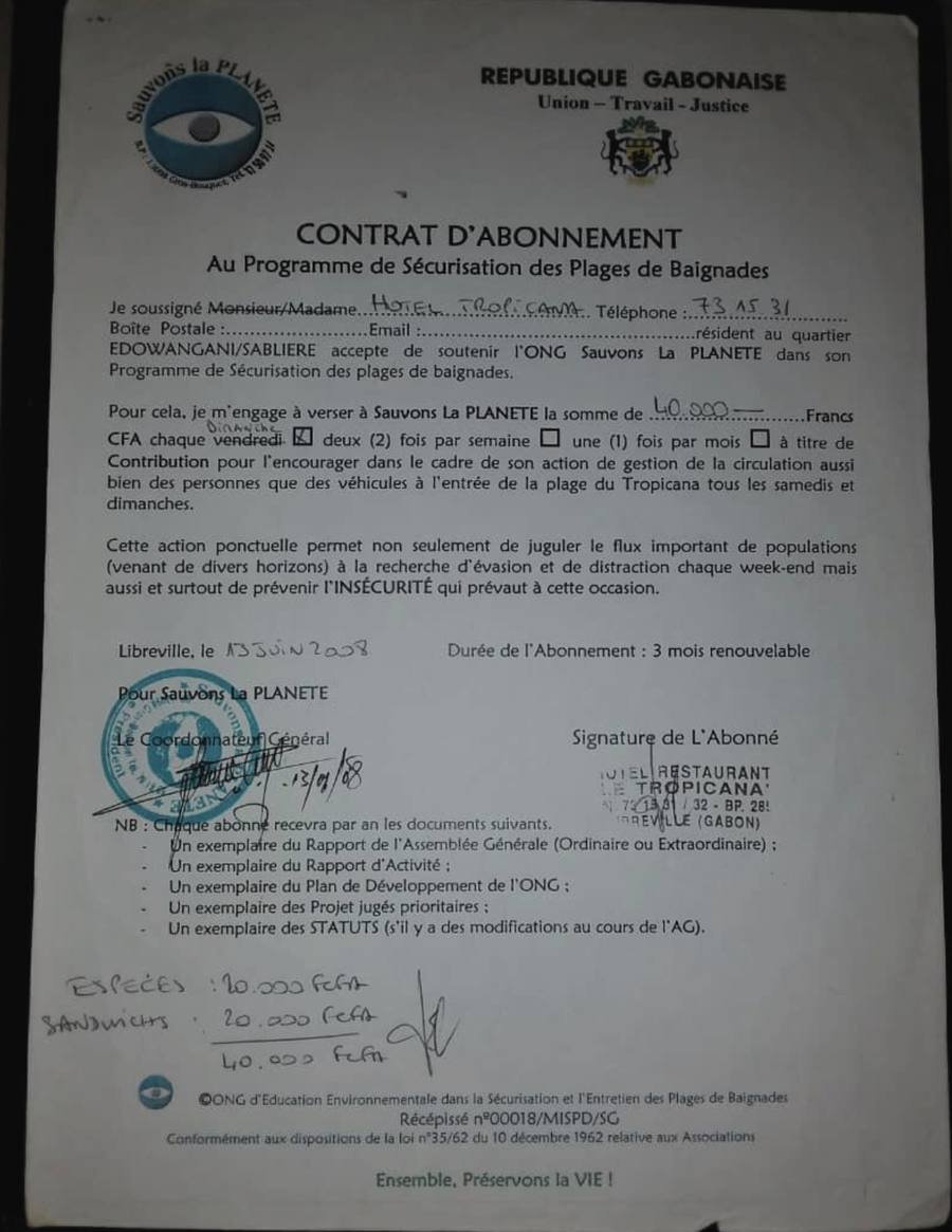 Contrat d'abonnement de l'Hôtel Tropicana au Programme de Sécurisation des Plages de Baignades de l'ONG Sauvons la Planète, 13 juin 2008