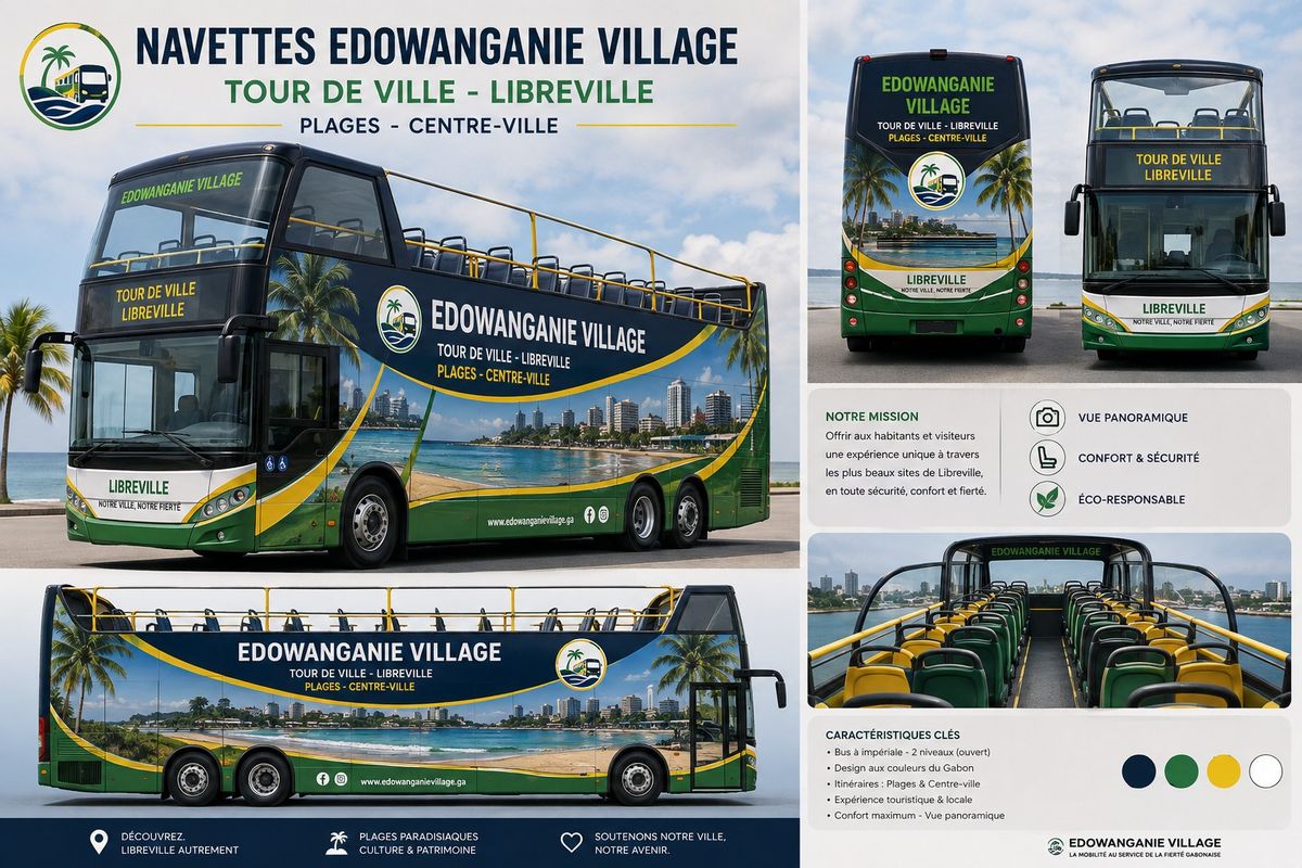 Planche de présentation conceptuelle de la navette Edowanganie Village à impériale