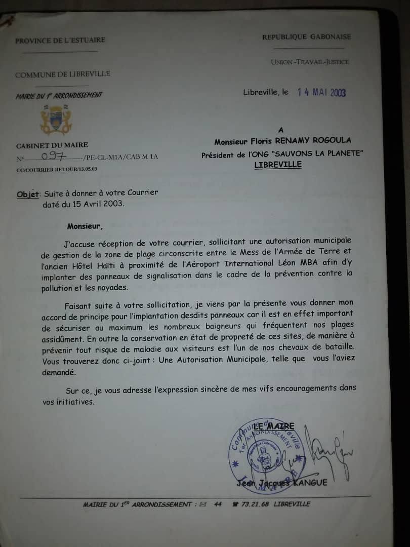 Lettre du Maire du 1er Arrondissement de Libreville, Jean-Jacques Kangué, à Floris Renamy Rogoula, 14 mai 2003 — accord de principe et encouragements
