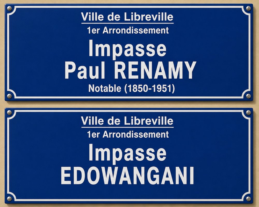 Plaques de rue de la Ville de Libreville, 1er Arrondissement : Impasse Paul Renamy, notable (1850-1951), et Impasse Edowangani
